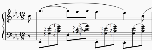 Extrait nocturne Chopin en mi bémol majeur. La main gauche joue les notes au-dessus du Do central (en clé de Fa).